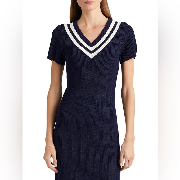 Lauren Ralph Lauren Cotton-Blend Cricket Sweater Dress French Navy & White SP - Picture 4 of 14